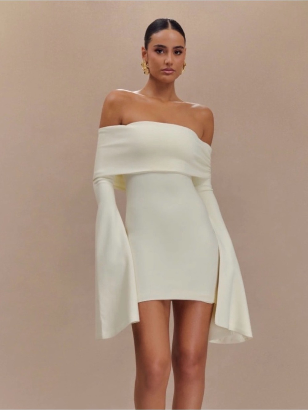 Meshki Off the Shoulder Cream Mini Dress with Dramatic Bell Sleeves